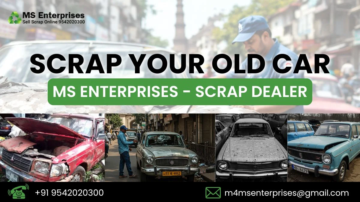 MS Enterprises, a scrap dealer in Hyderabad, offering services to scrap old cars with contact details and images of old vehicles.