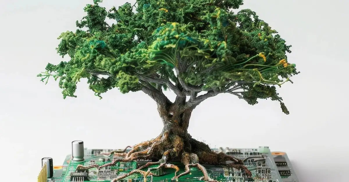 This image signifies work of MS Scrap buyers in Hyderabad. A tree grows from a computer circuit board, blending nature and technology in a striking juxtaposition. The image shows the intersection or harmony of nature and technology, potentially symbolizing growth, connection, or the integration of the natural and digital worlds.