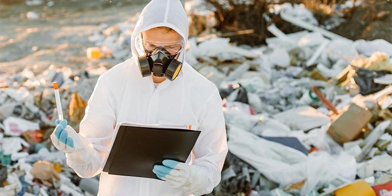 A person wearing protective gear, including a hazmat suit, gloves, and a gas mask, stands in an area filled with trash and debris while holding a test tube and a clipboard. This image highlights the potential human health risks associated with e-waste exposure in Hyderabad, emphasizing the importance of scientific investigation to identify and mitigate these dangers.