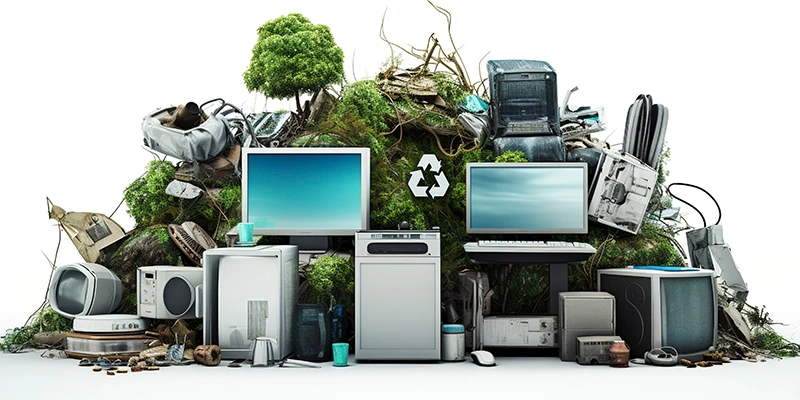 A large, unsorted pile of electronic waste (e-waste), consisting of various discarded electronic devices such as broken smartphones, old cordless phones, and circuit boards, depicts the scope of the e-waste problem in Hyderabad. The image emphasizes the accumulation of outdated and damaged electronic items, visualizing the significant challenges in managing and recycling e-waste to address environmental pollution and resource wastage.