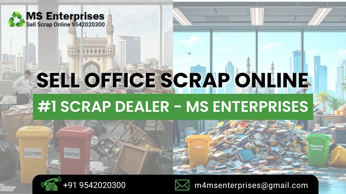 Advertisement for MS Enterprises, highlighting their service to sell office scrap online with separate bins for electronics, furniture, paper, and e-waste.