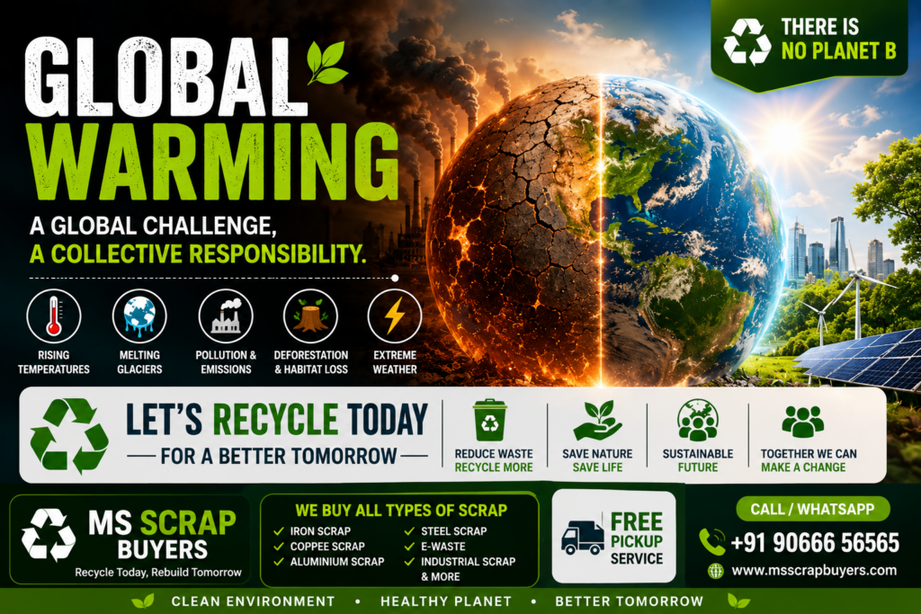 Global Warming in 2026: Causes, Effects & How Recycling Can Help Save the Planet 4 global warming awareness banner showing climate change effects pollution recycling and sustainable future solutions