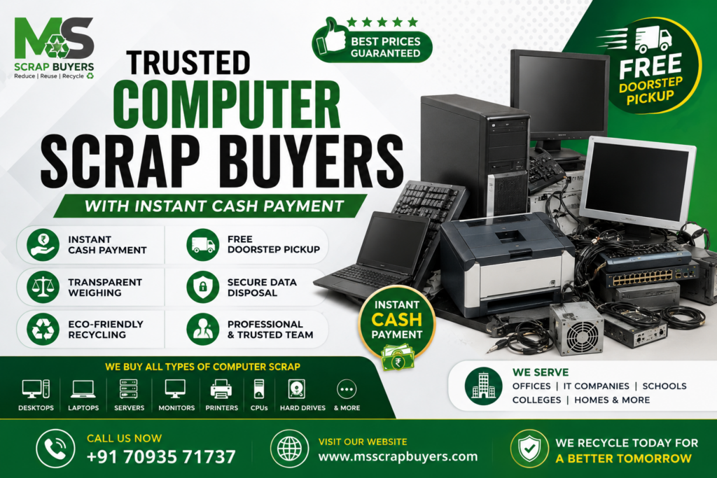 Top 5 MS Scrap Buyers | Trusted Computer Scrap Buyers with Instant Cash Payment 8 Trusted computer scrap buyers offering free doorstep pickup, instant cash payment, and eco-friendly recycling for old computers, laptops, servers, printers, and IT equipment.