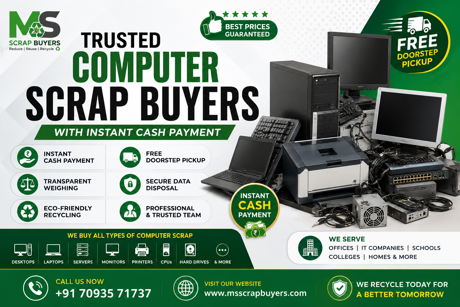 Trusted computer scrap buyers offering free doorstep pickup, instant cash payment, and eco-friendly recycling for old computers, laptops, servers, printers, and IT equipment.