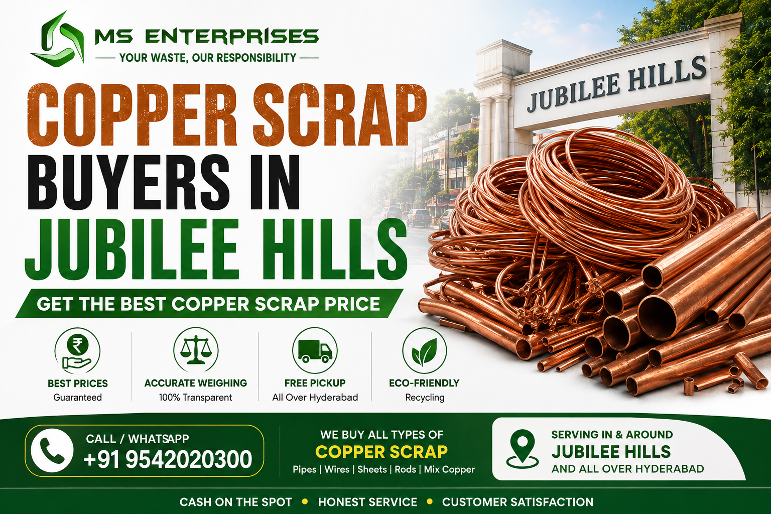 Copper Scrap Buyers in Jubilee Hills offering the best copper scrap price, free pickup and instant payment by MS Enterprises.
