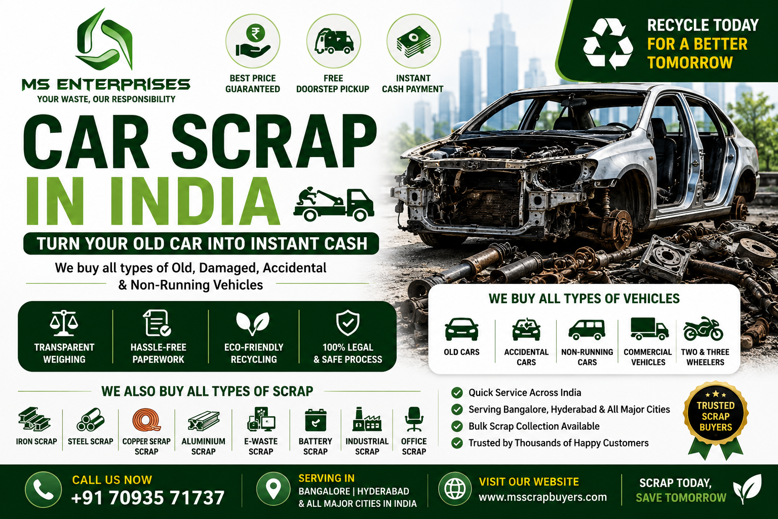 Car Scrap in India banner showing old damaged vehicle recycling services with free doorstep pickup, instant cash payment, and eco-friendly car scrapping by MS Enterprises.