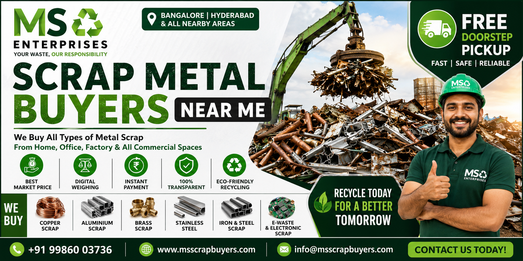 Professional scrap metal buyers near me offering free doorstep pickup, instant payment, digital weighing, and eco-friendly recycling services by MS Enterprises in Bangalore and Hyderabad.