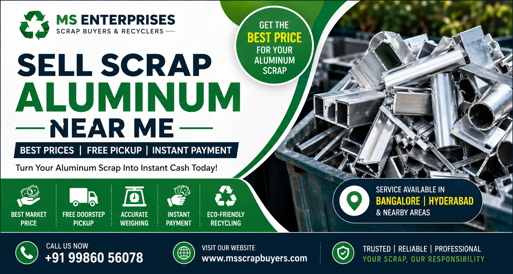Sell Scrap Aluminum Near Me with MS Enterprises offering free pickup and the best aluminum scrap prices in Bangalore and Hyderabad.