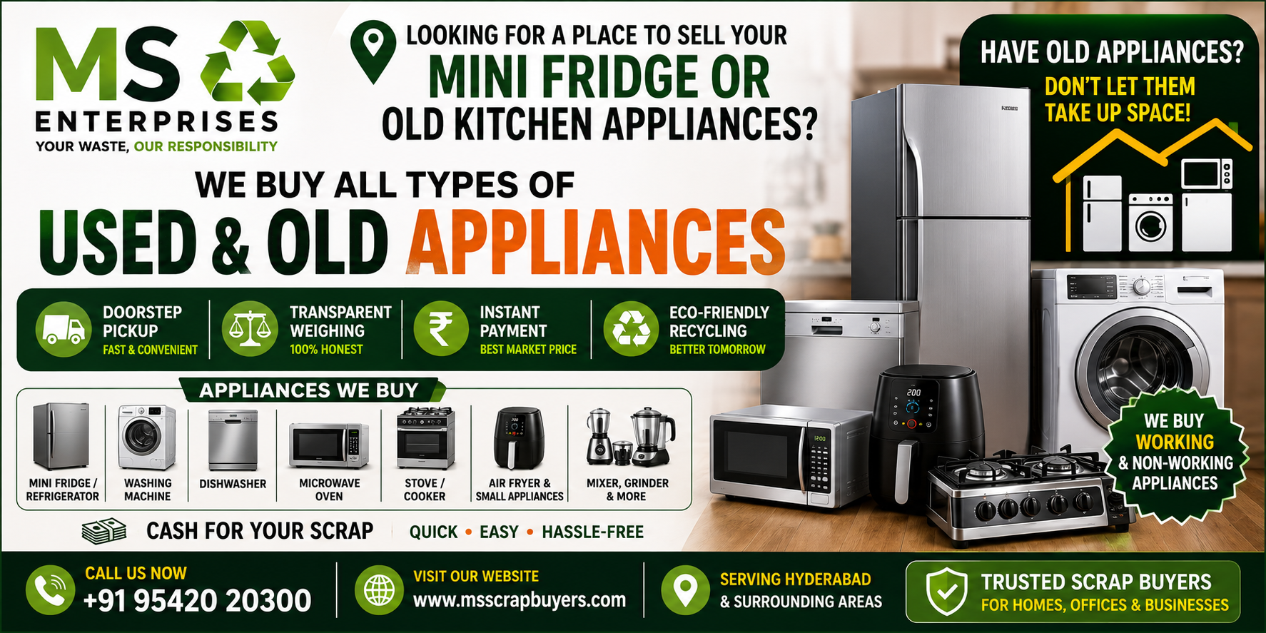 Where can I sell my mini fridge and old kitchen appliances? MS Enterprises offers doorstep scrap pickup and appliance recycling in Hyderabad.