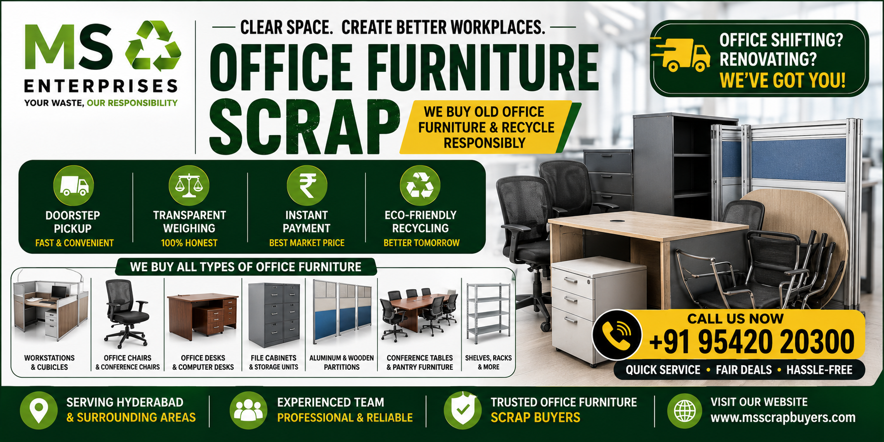 Office furniture scrap buyers in Hyderabad offering doorstep pickup for old desks, chairs, workstations, cabinets and partitions.