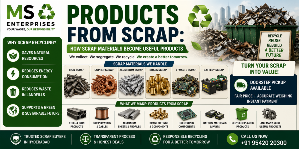 Products from scrap showing recycled iron, copper, aluminium, brass, e-waste and battery materials