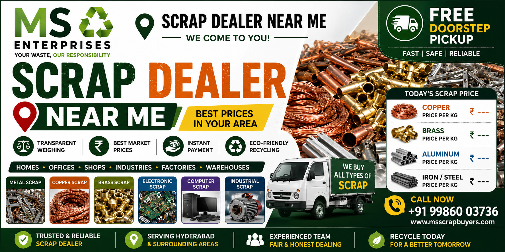 Scrap Dealer Near Me offering doorstep scrap pickup, best scrap prices, transparent weighing and instant payment by MS Enterprises.