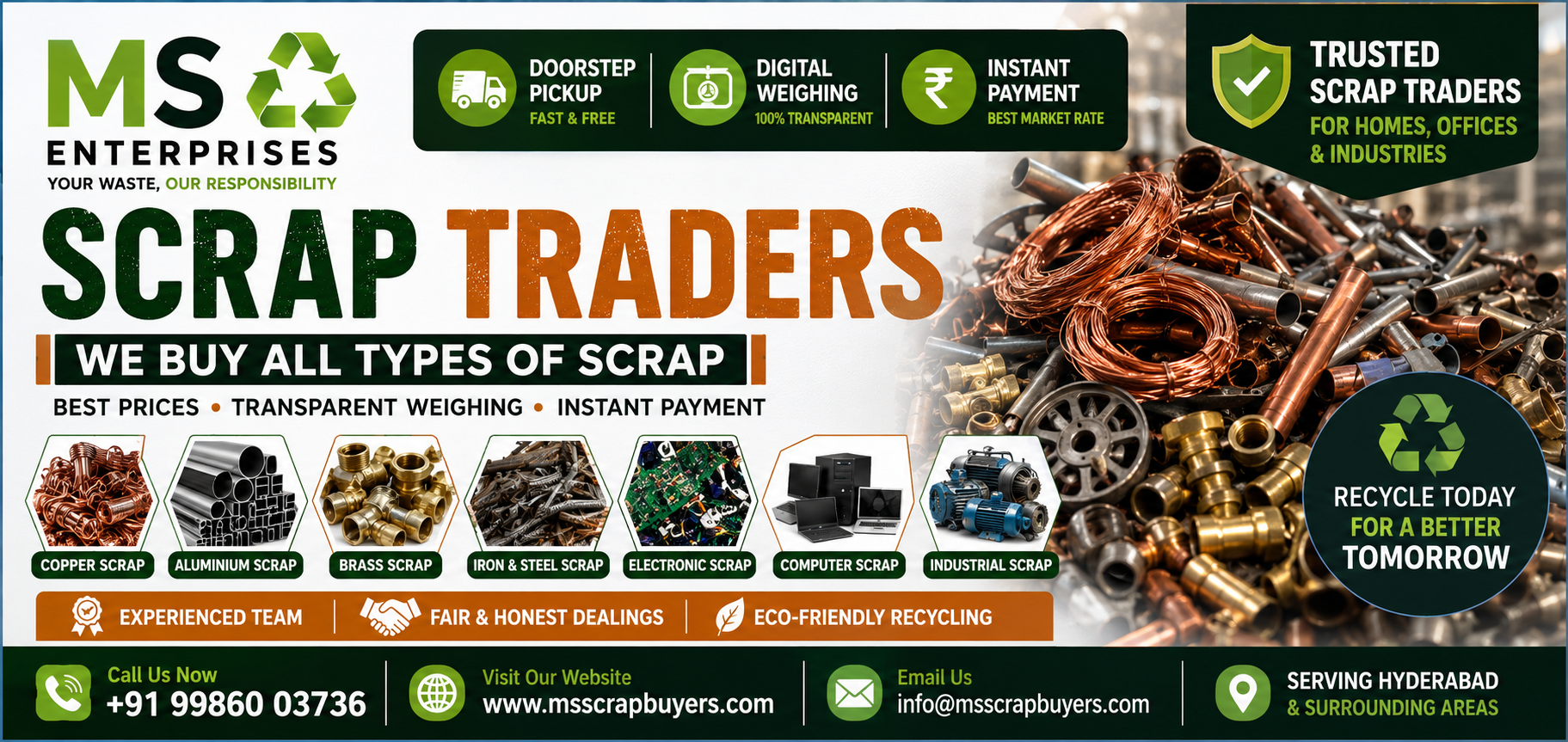 Scrap Traders at MS Enterprises buying copper, aluminum, brass, iron, steel, electronic, computer and industrial scrap with doorstep pickup.
